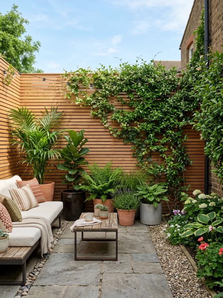 Slatted privacy screen and climbing plants in a small backyard.