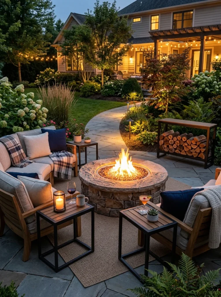 Fire pit with pathway lights and wood storage