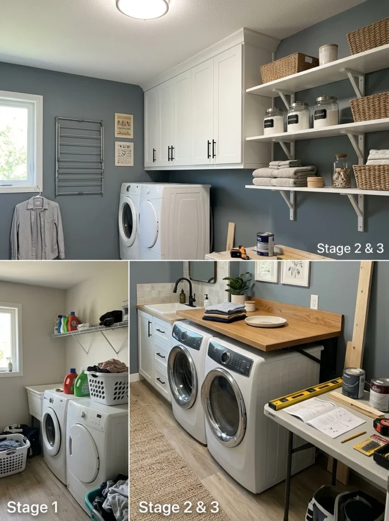Laundry room showing gradual storage and organization improvements.
