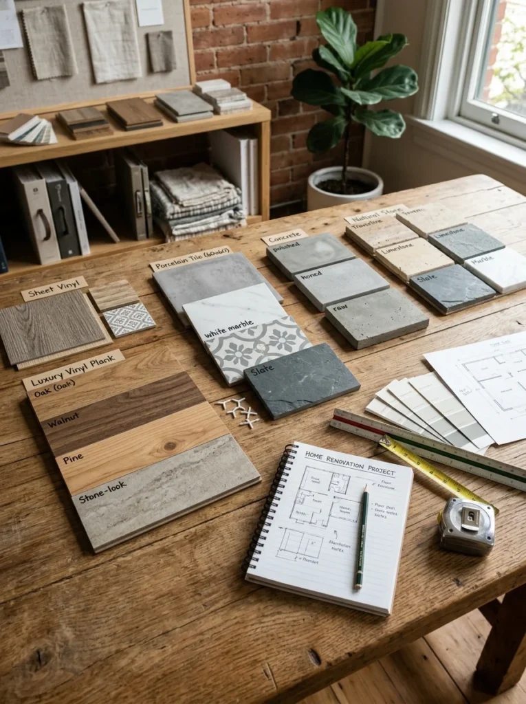 Popular flooring material samples for comparing renovation costs.