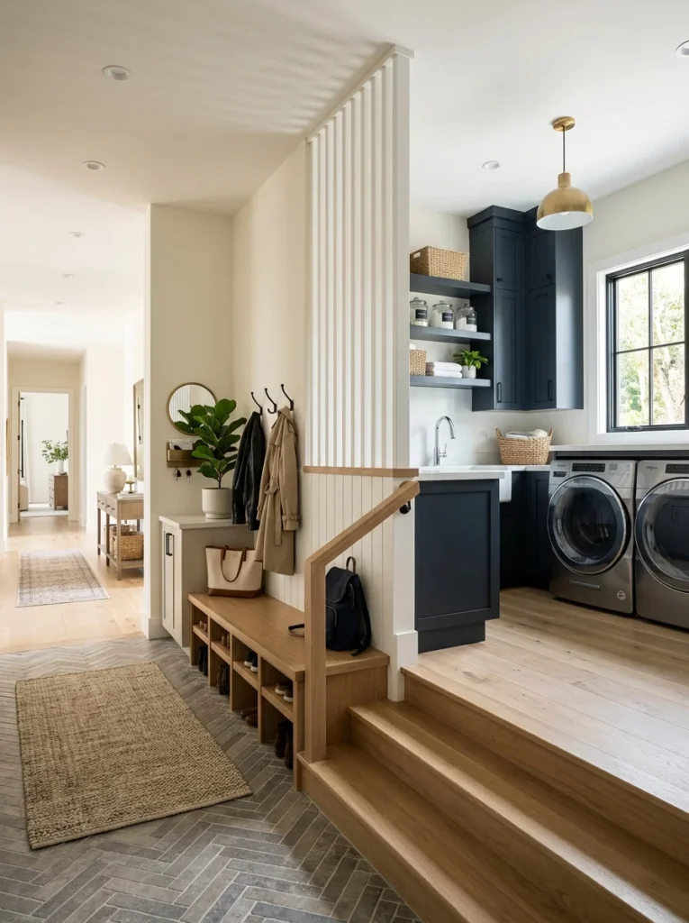 Well-lit laundry room and mudroom with overhead and task lighting.