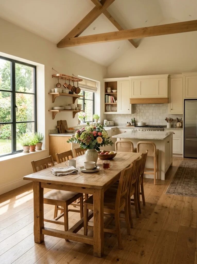 Elegant modern kitchen with neutral colors, wood accents, and natural sunlight creating a timeless look.