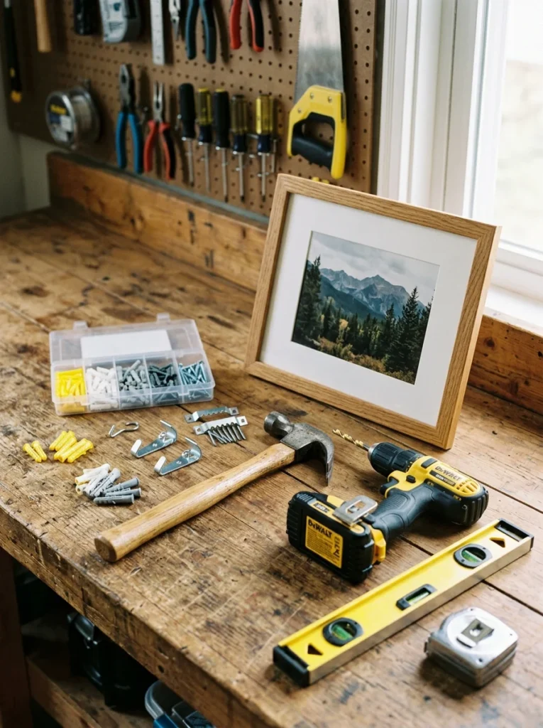 Picture hanging hooks and wall mounting supplies.