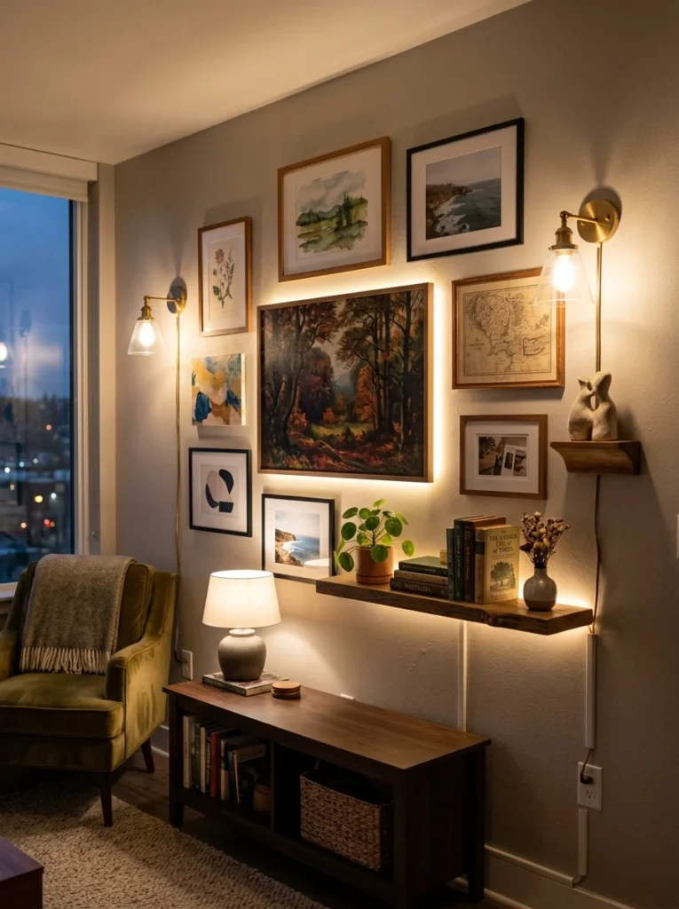 Adhesive LED lights and plug-in sconces enhancing apartment wall decor.