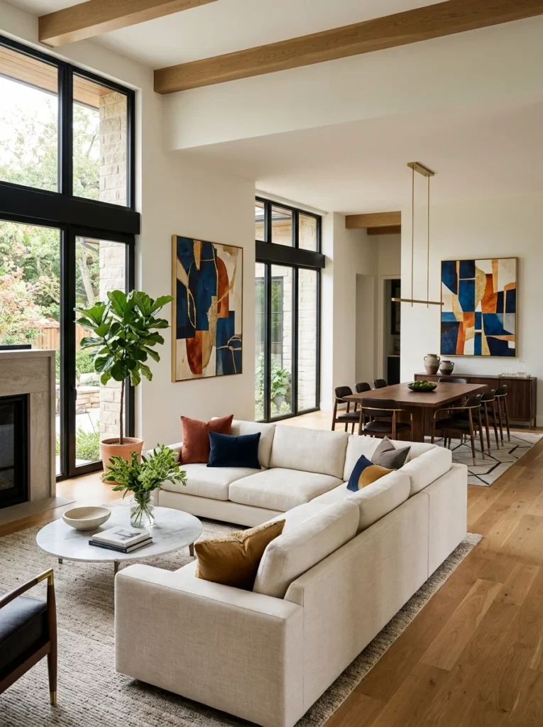Open-concept living and dining room featuring coordinated wall art with a cohesive color palette.