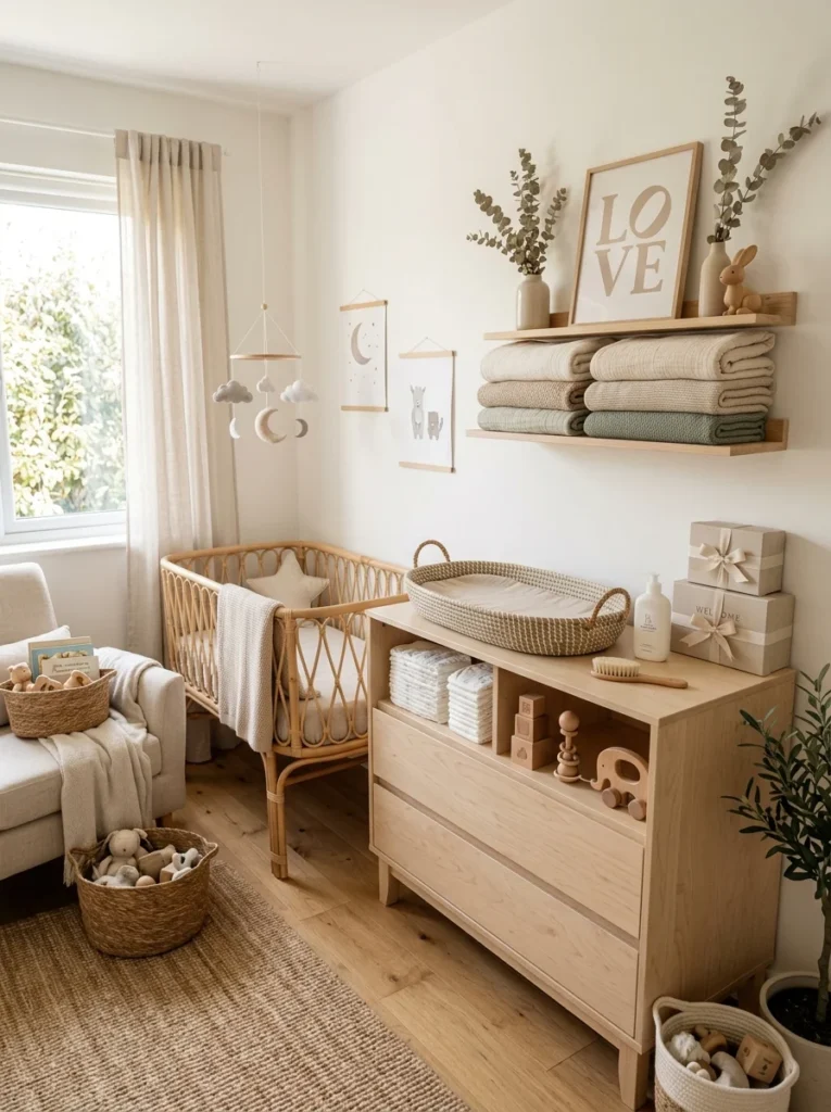 Gender-neutral nursery featuring practical baby gifts and registry essentials in neutral colors.
