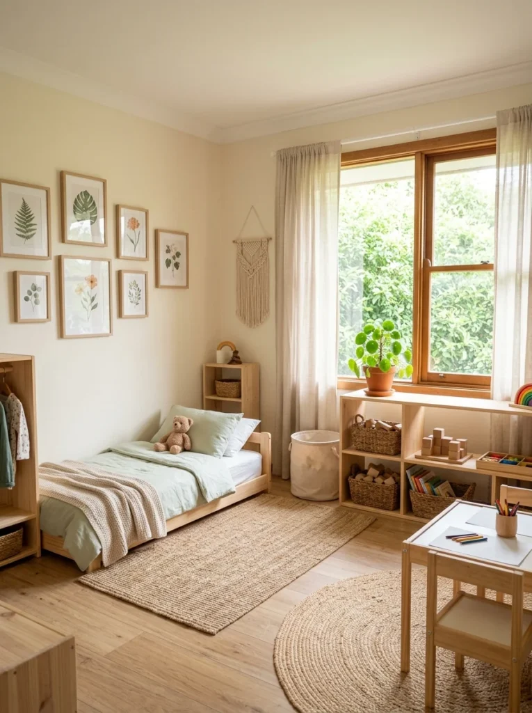 Montessori bedroom featuring indoor plants and natural wood elements.