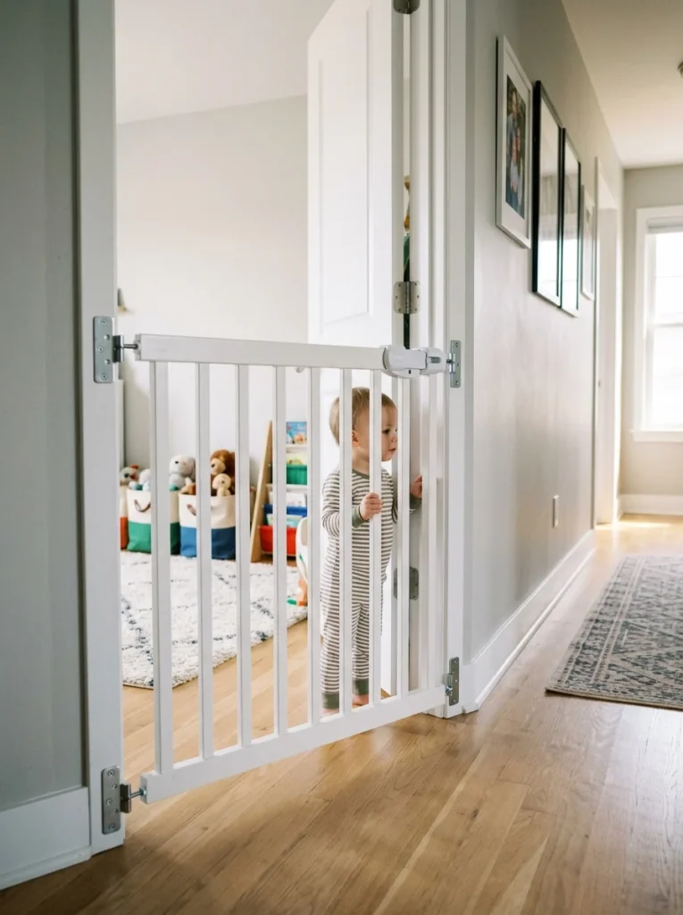 Child safety gate installed outside a toddler's bedroom.
