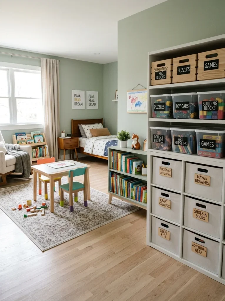 Organized toy storage separating shared and personal belongings.