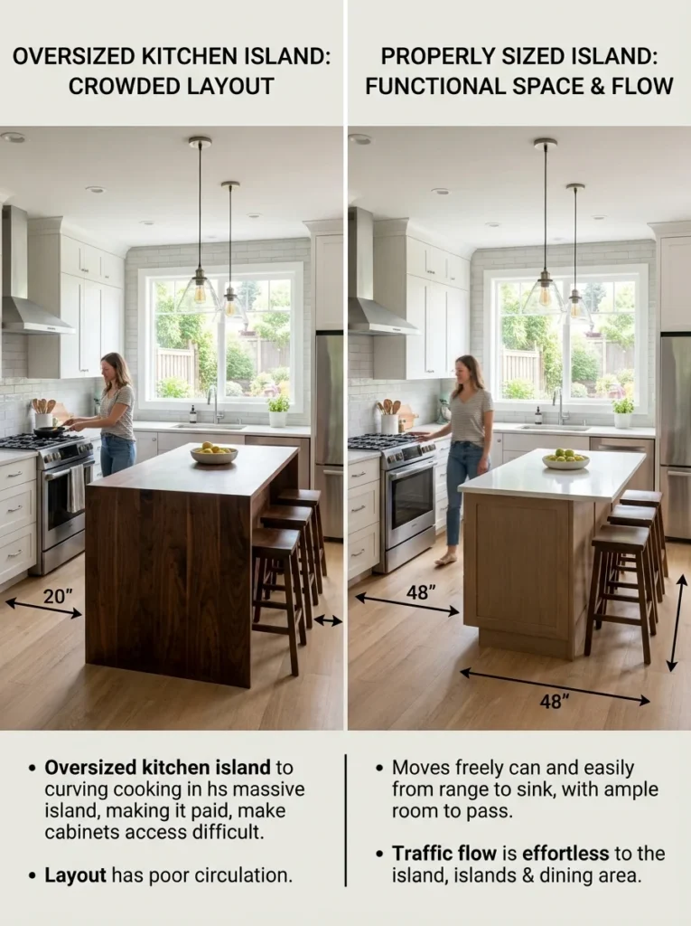 Properly sized kitchen island allowing comfortable movement around the kitchen.