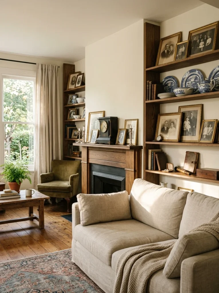 Beautifully displayed sentimental keepsakes decorating a cozy living room.