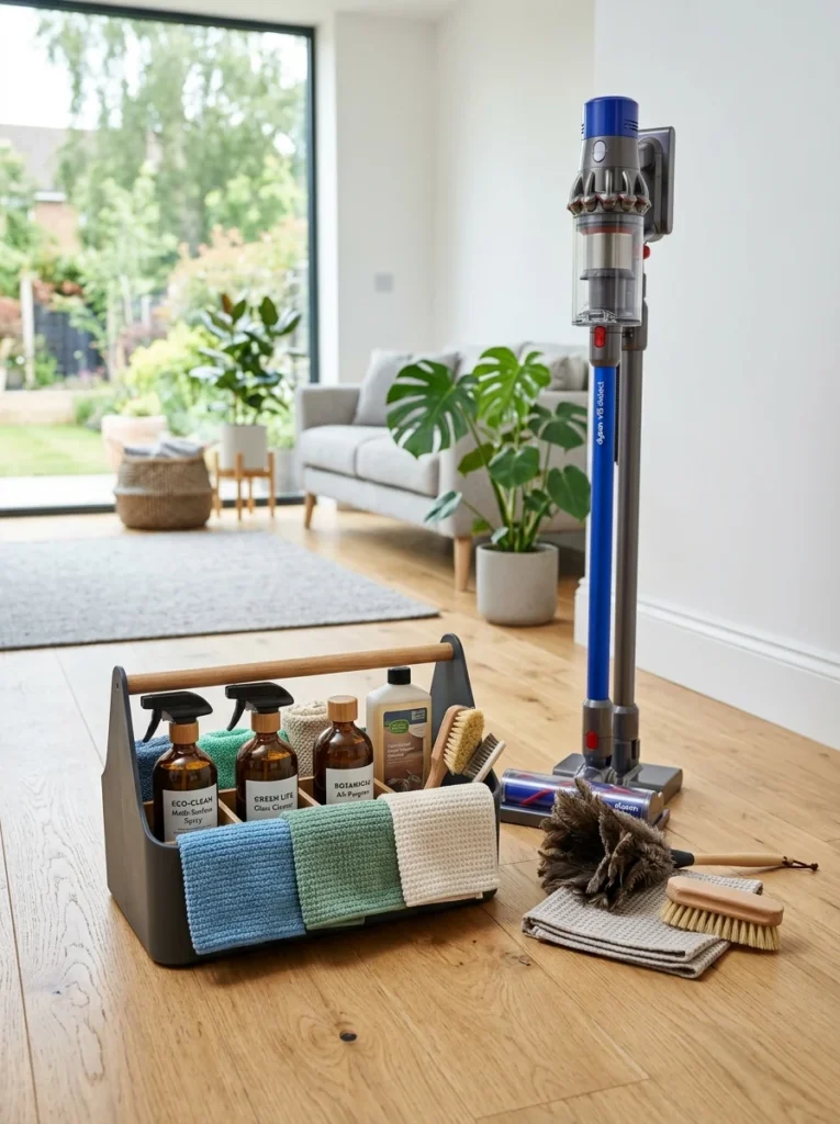 High-quality household cleaning tools arranged neatly.