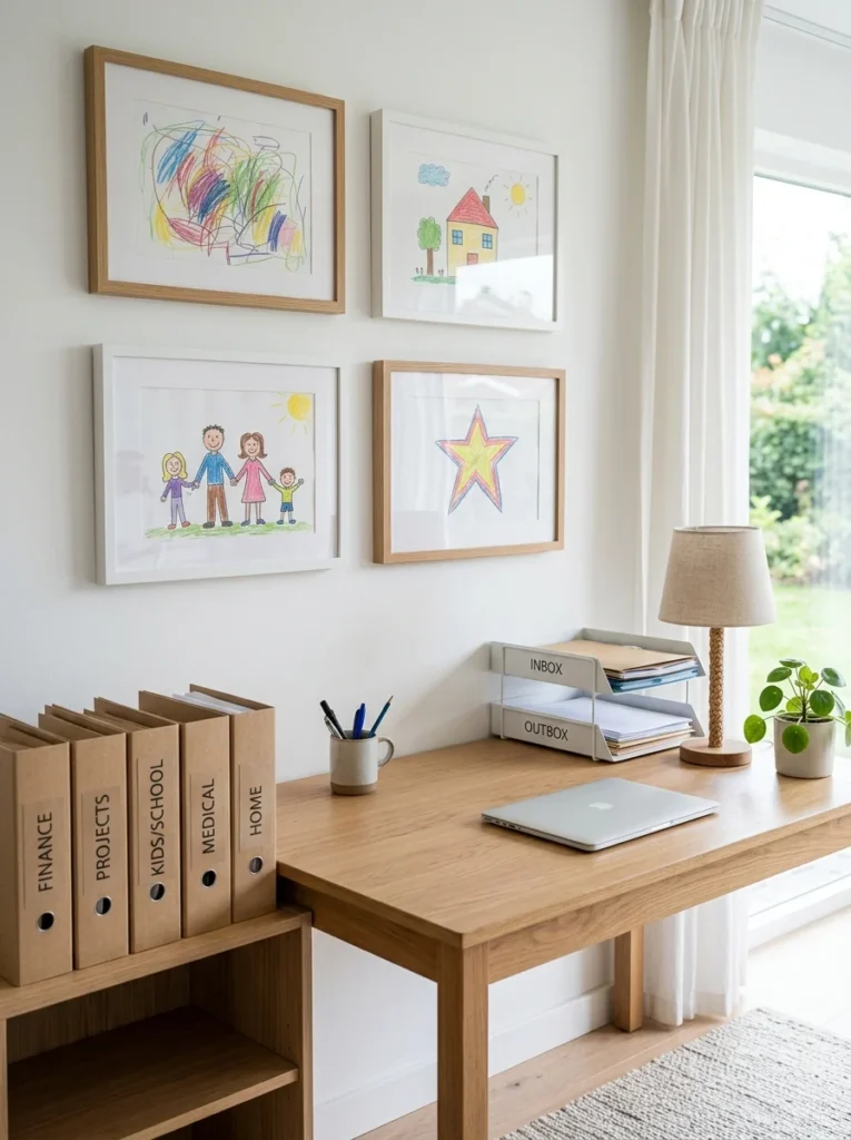 Organized family workspace managing children's school papers and artwork.