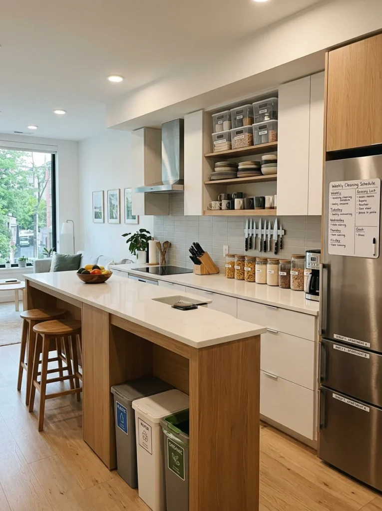 Organized shared apartment with designated roommate storage