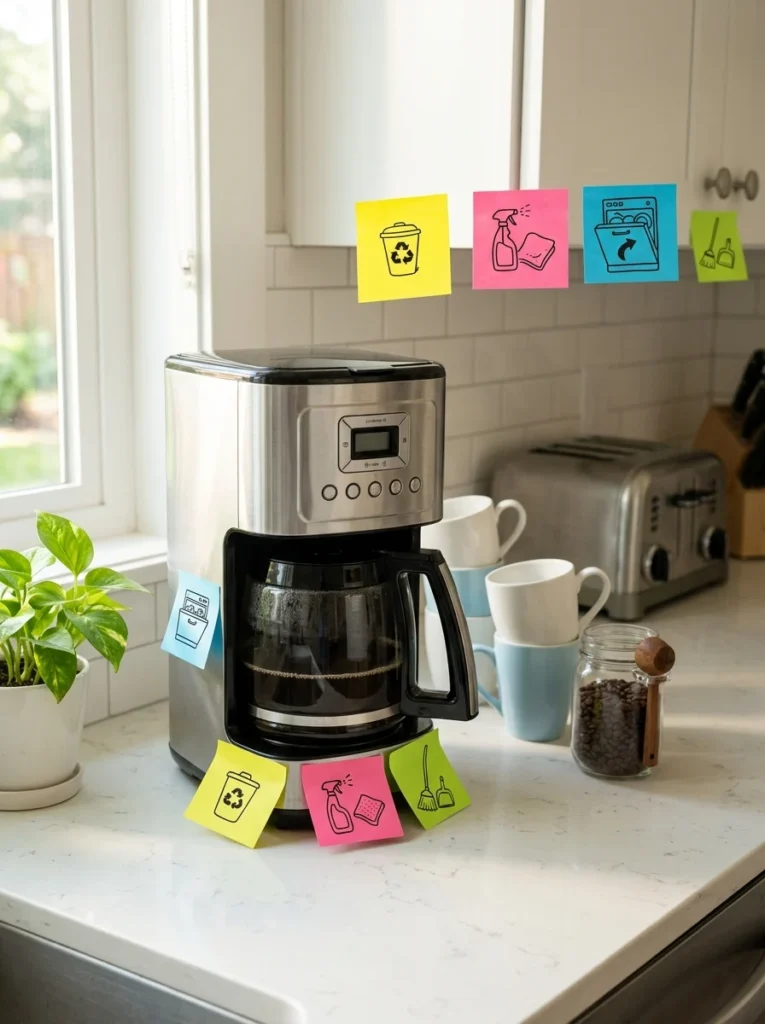 Sticky notes helping reinforce habit stacking routines.