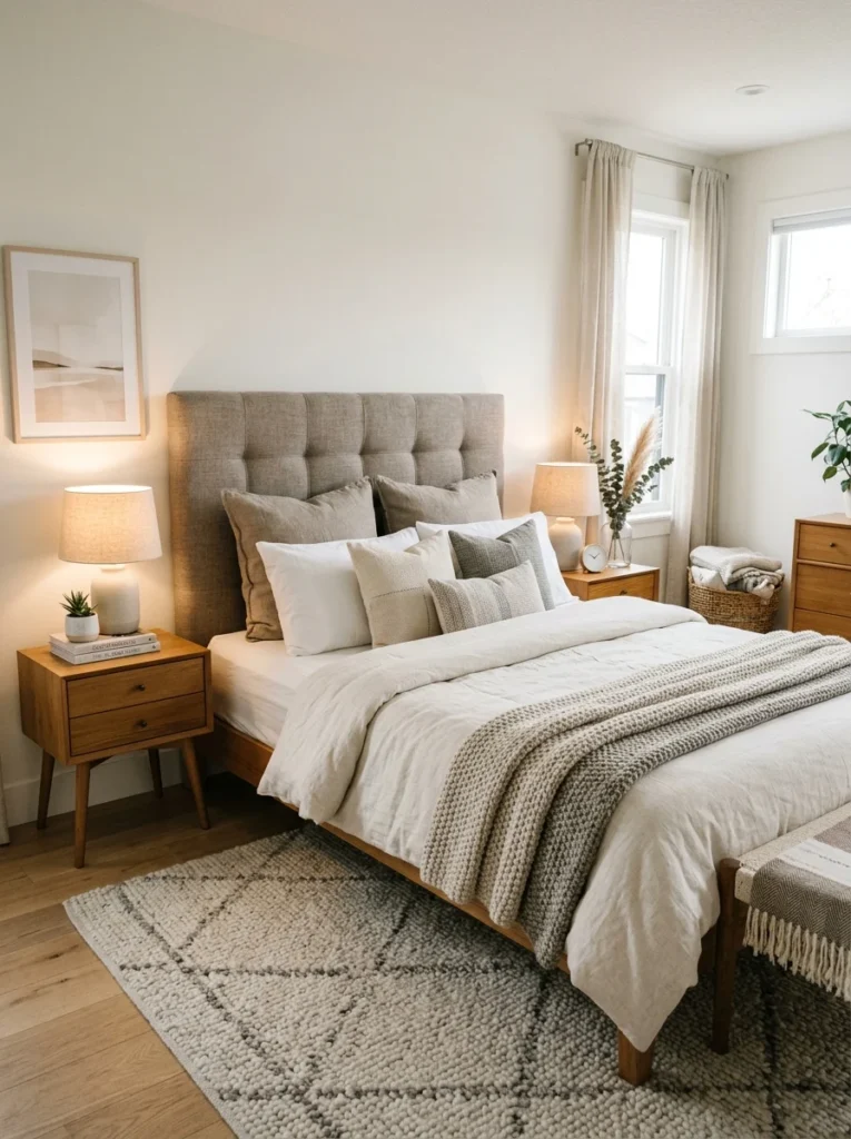 Affordable upholstered headboard adding style and comfort to a modern bedroom.