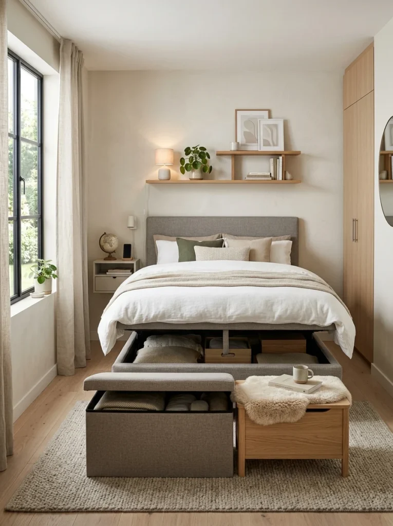 Small bedroom featuring storage bench and multifunctional furniture.