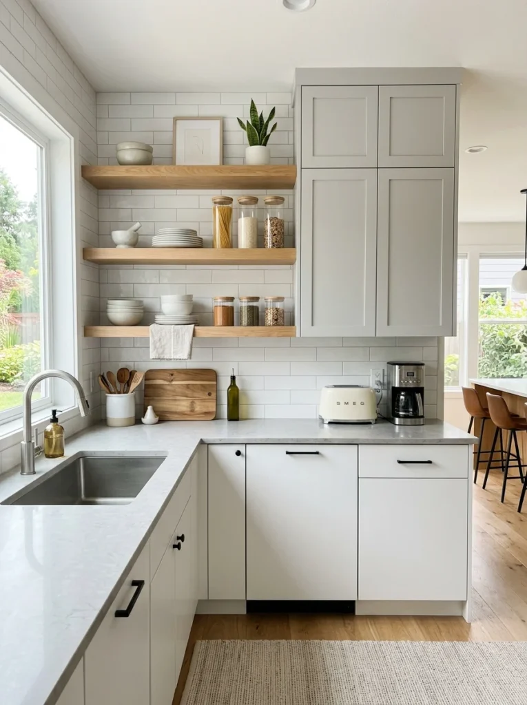 Modern kitchen illustrating common storage options including open shelves and upper cabinets.