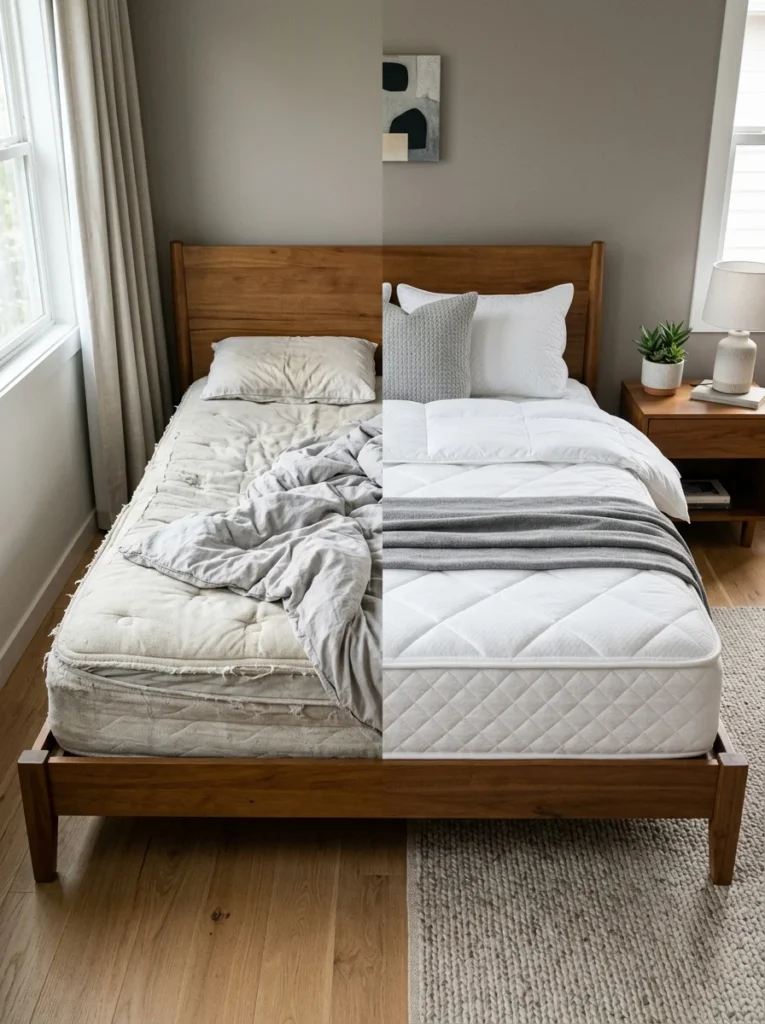 Old sagging mattress compared with a new supportive mattress in a modern bedroom.