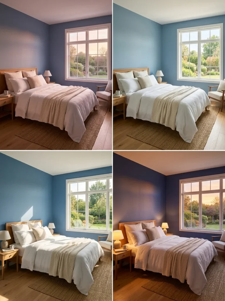 Bedroom wall color changing with natural light from morning to evening.
