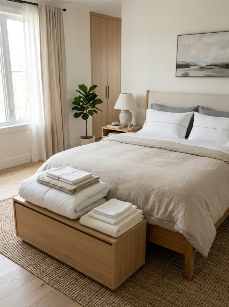Washable bedding with removable pillow covers and duvet cover in a modern bedroom.