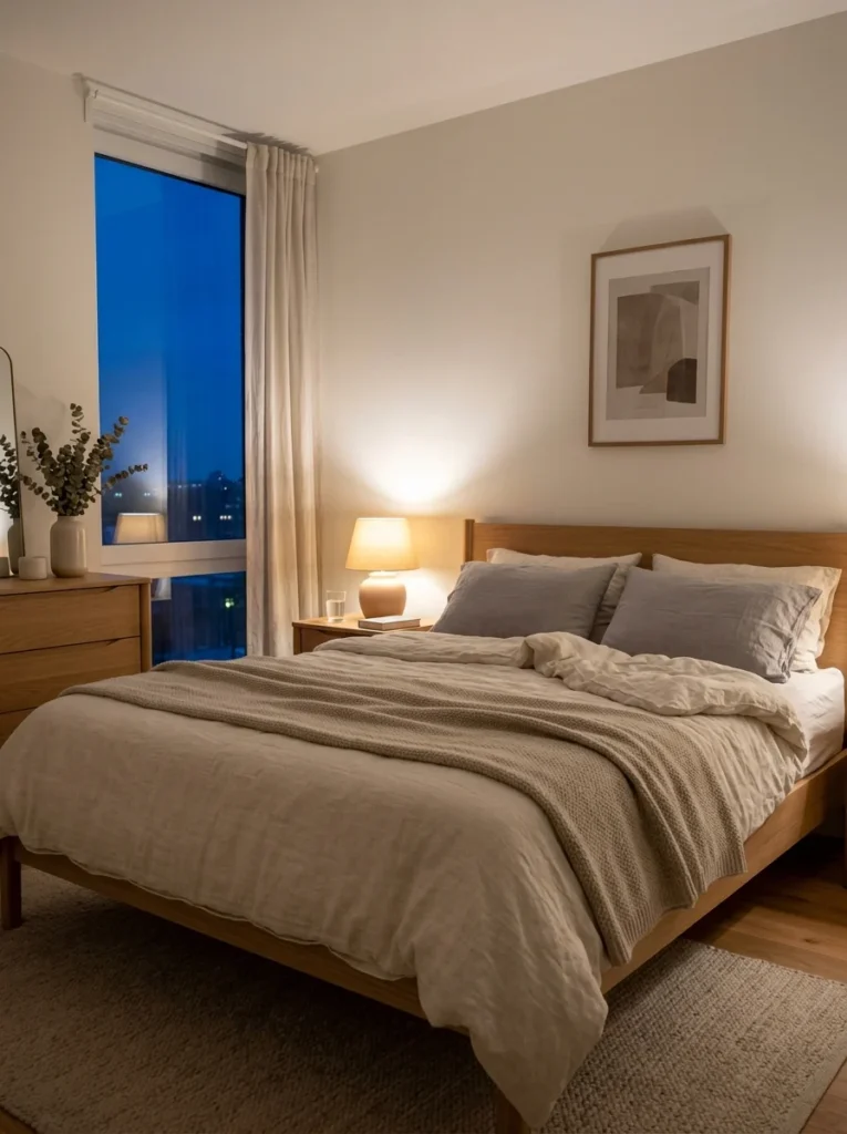 Soft warm bedroom lighting designed to support a relaxing bedtime routine.