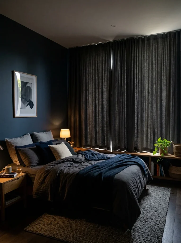 Blackout curtains preventing sunlight from entering a bedroom.