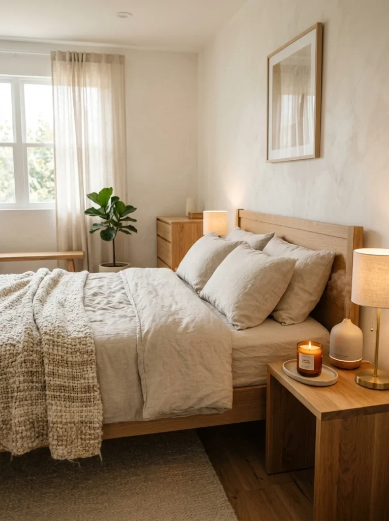 Minimalist bedroom featuring candles, soft bedding, warm lighting, and relaxing natural textures.