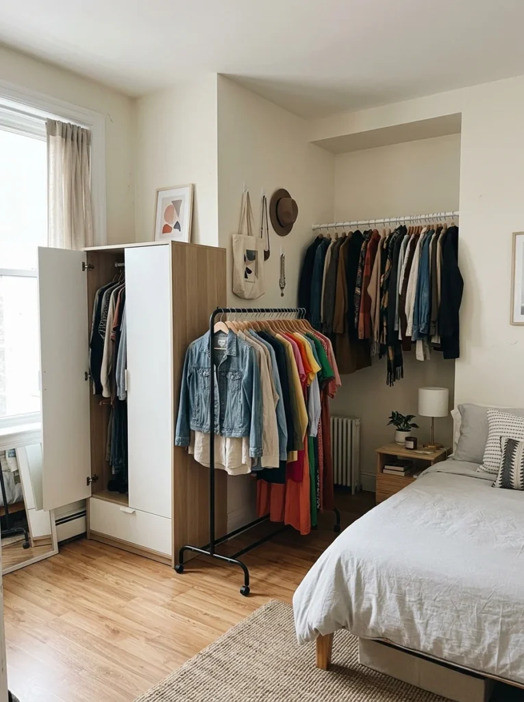 Bedroom storage solutions that require no drilling, ideal for rental apartments.