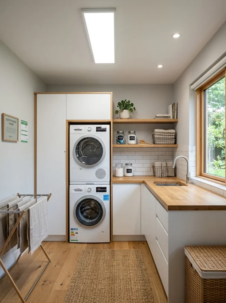 Modern laundry room featuring bright LED ceiling fixtures and energy-saving lighting.
