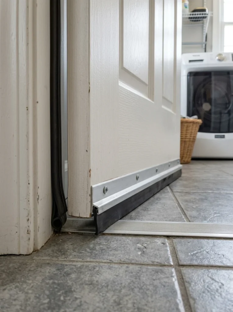 Adjustable door sweep sealing the gap beneath a laundry room door to reduce noise.