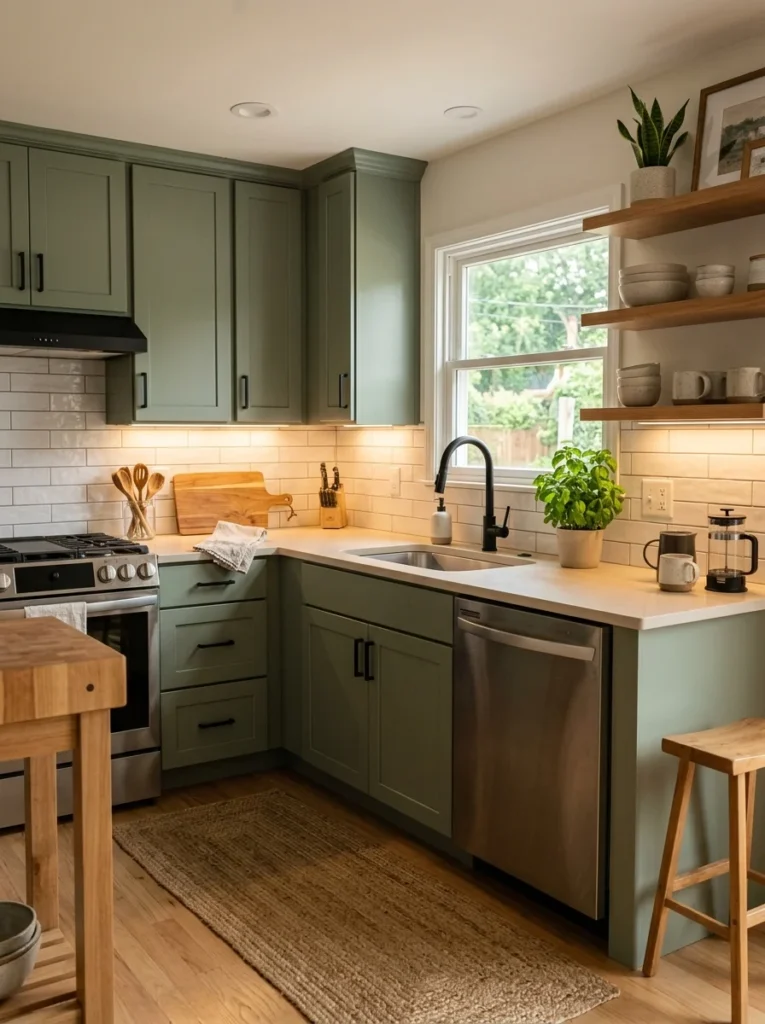 Finished affordable kitchen transformation with painted cabinets and modern styling.