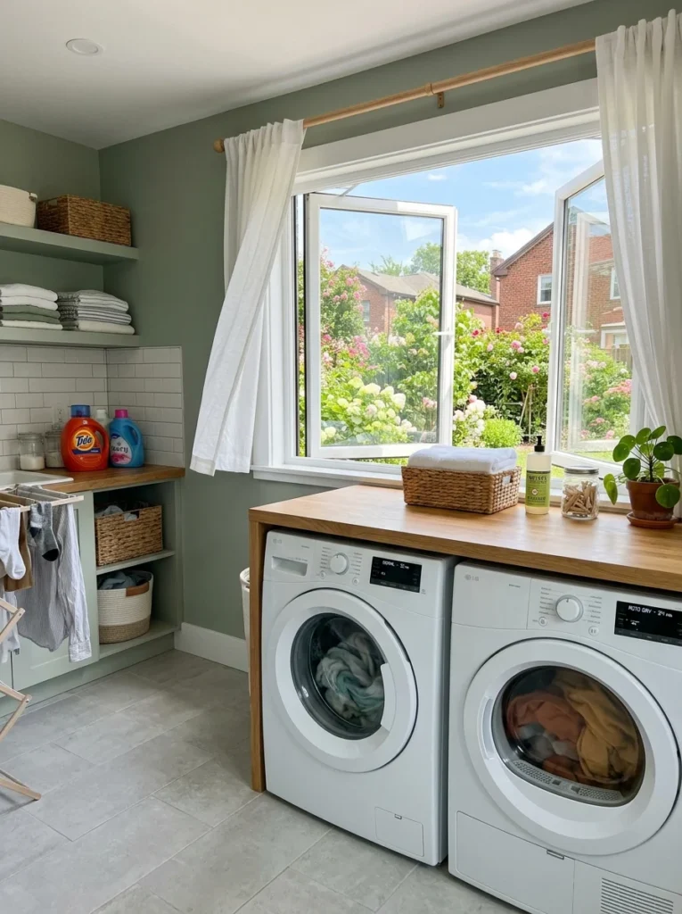 Open laundry room window providing natural airflow during laundry.