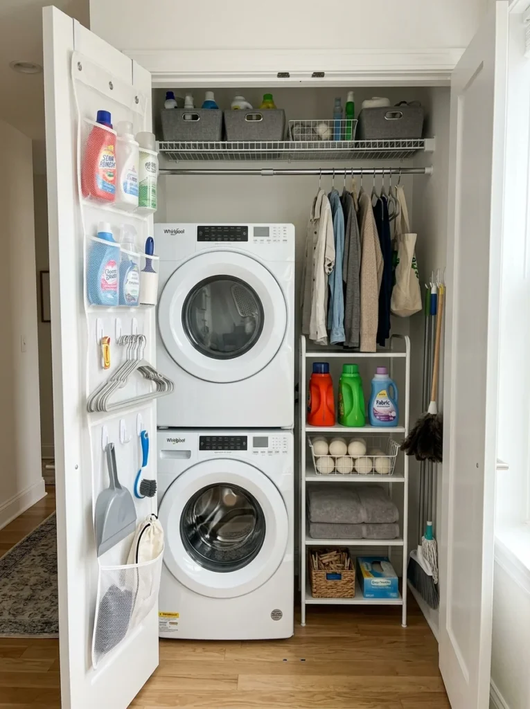 Laundry closet using removable storage solutions suitable for renters.