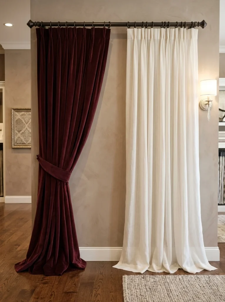Heavy and lightweight curtains showing different draping effects.