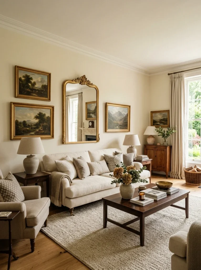 Neutral living room decorated with classic artwork and elegant accessories.