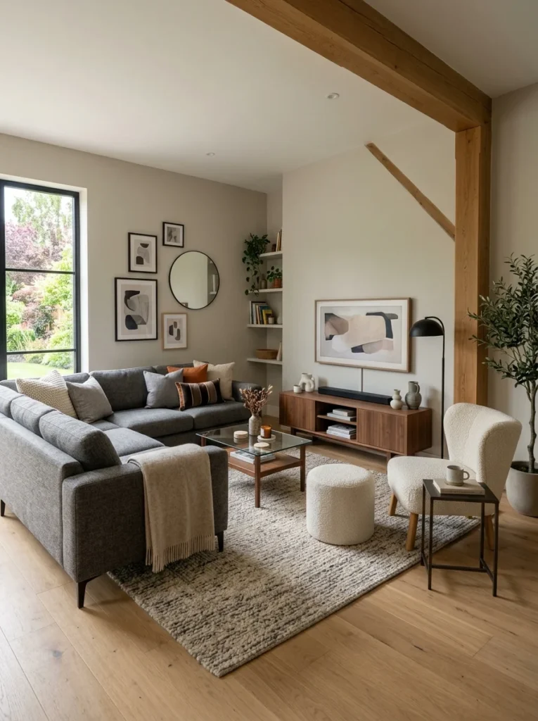 Accent chair complementing a sectional sofa inside an awkward living room.