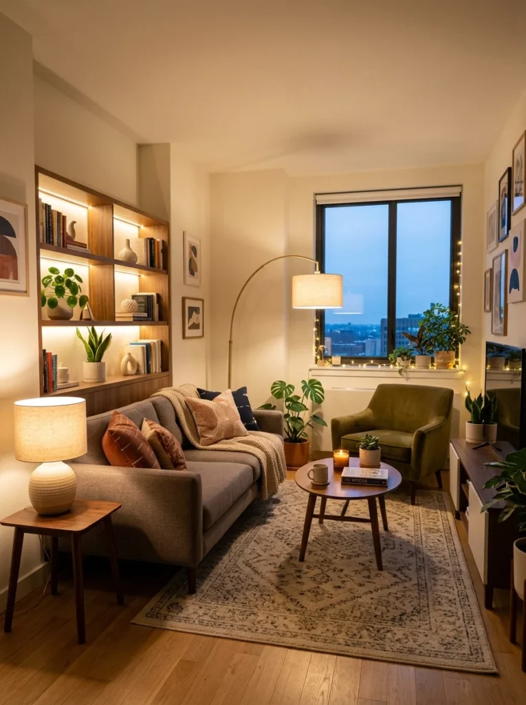Indoor plants adding warmth and freshness to a small rental living room.
