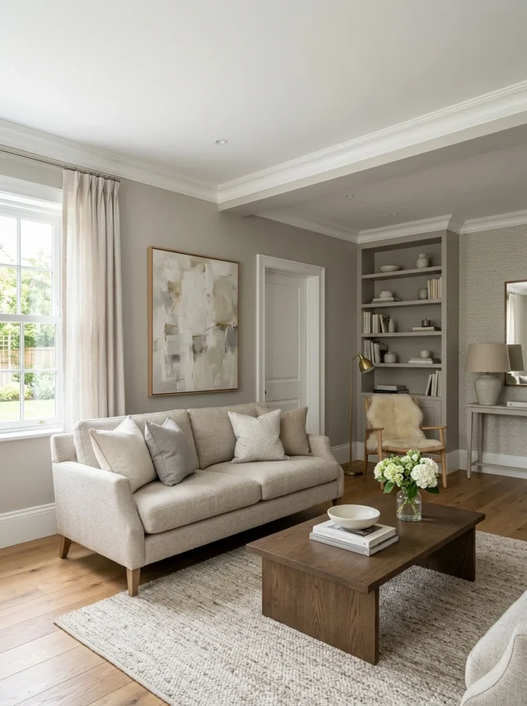 Living room with coordinated wall paint white trim and matching ceiling colors.