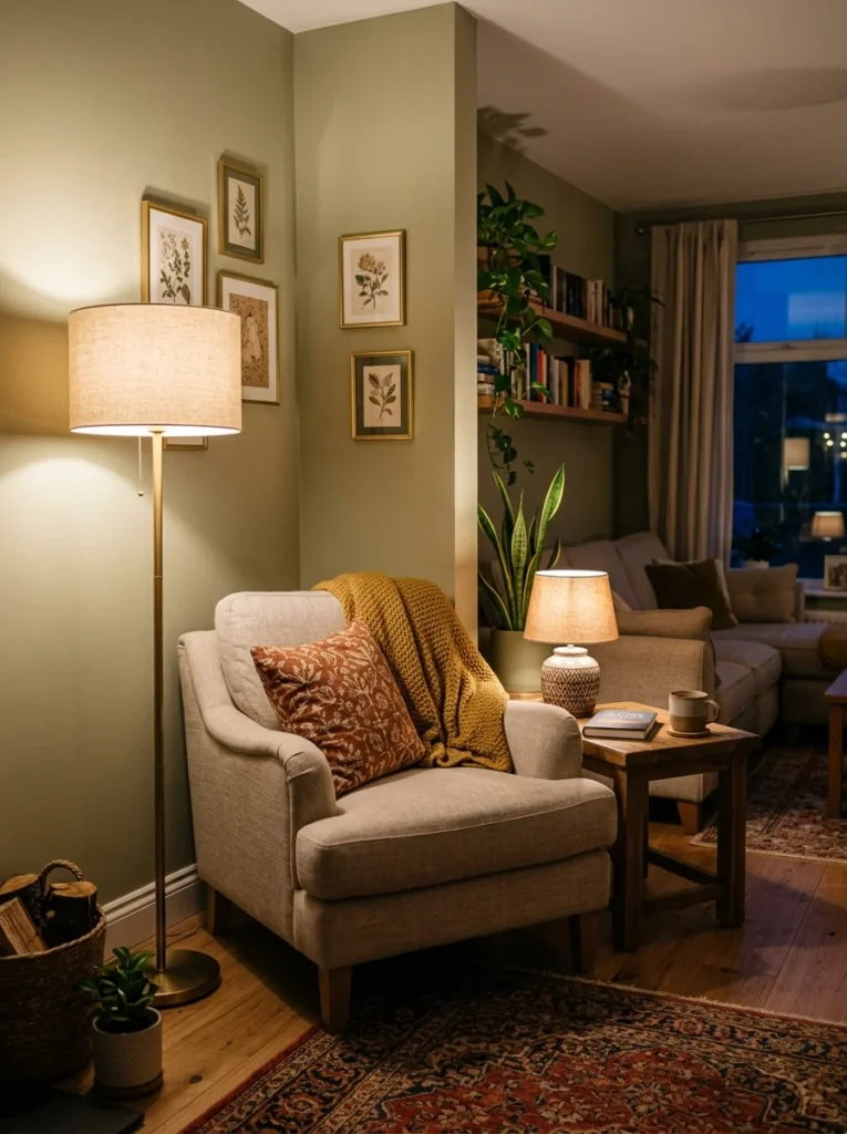 Dark living room corner brightened with layered lighting and comfortable seating.
