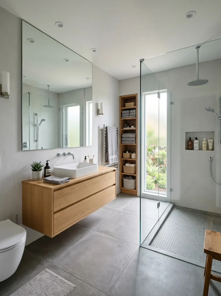 Modern compact bathroom illustrating practical design ideas and space-saving solutions.