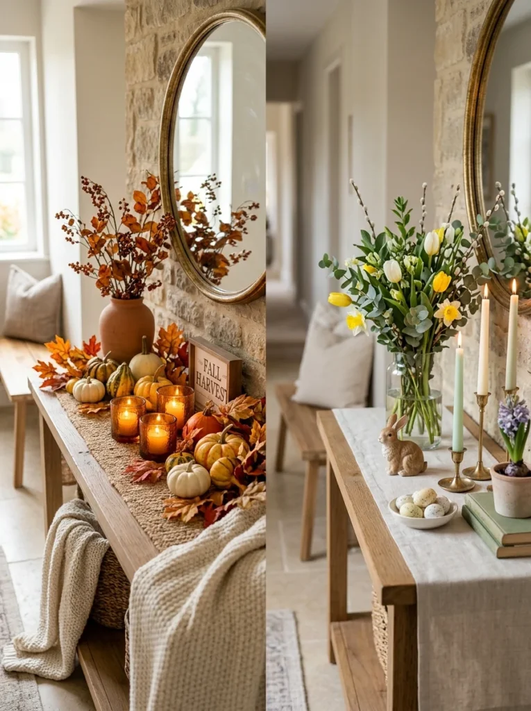 Seasonal console table decor updates for different times of year