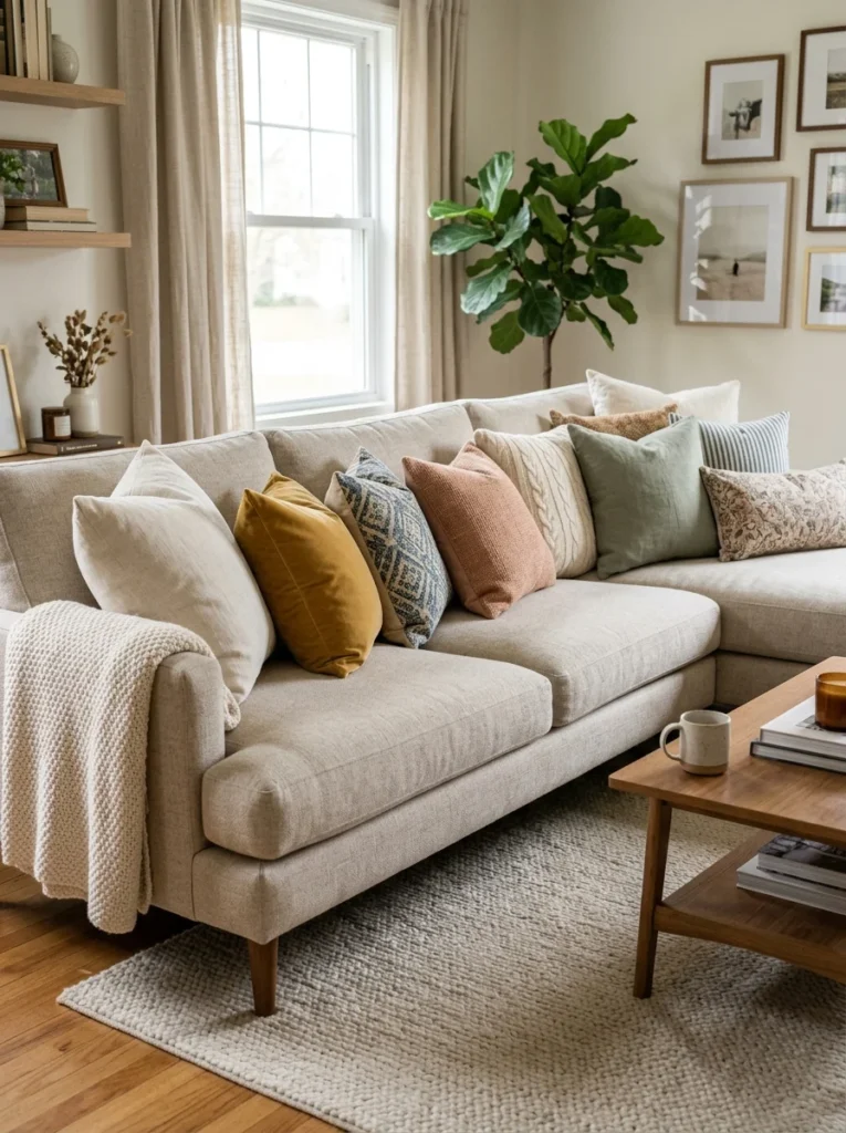 Decorative throw pillows casually leaning on a modern sofa.
