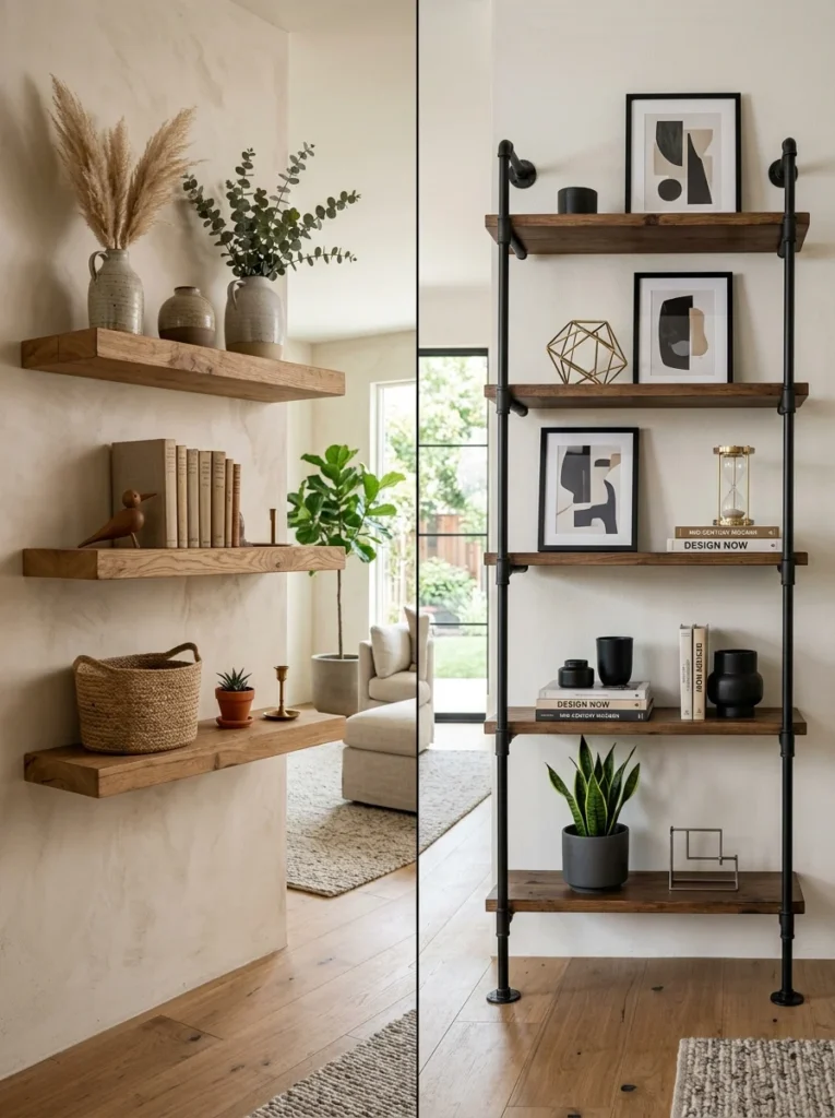 Wooden open shelving styled with earthy decor in a modern living room.
