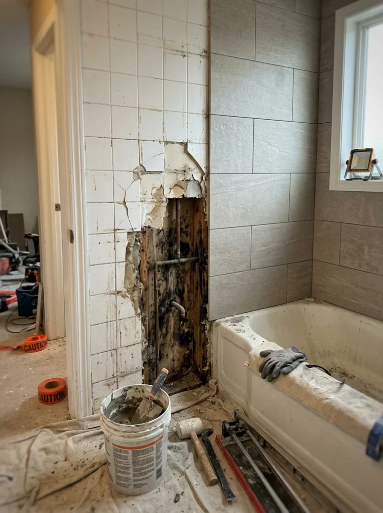 Damaged bathroom tiles and hidden water damage discovered during renovation.