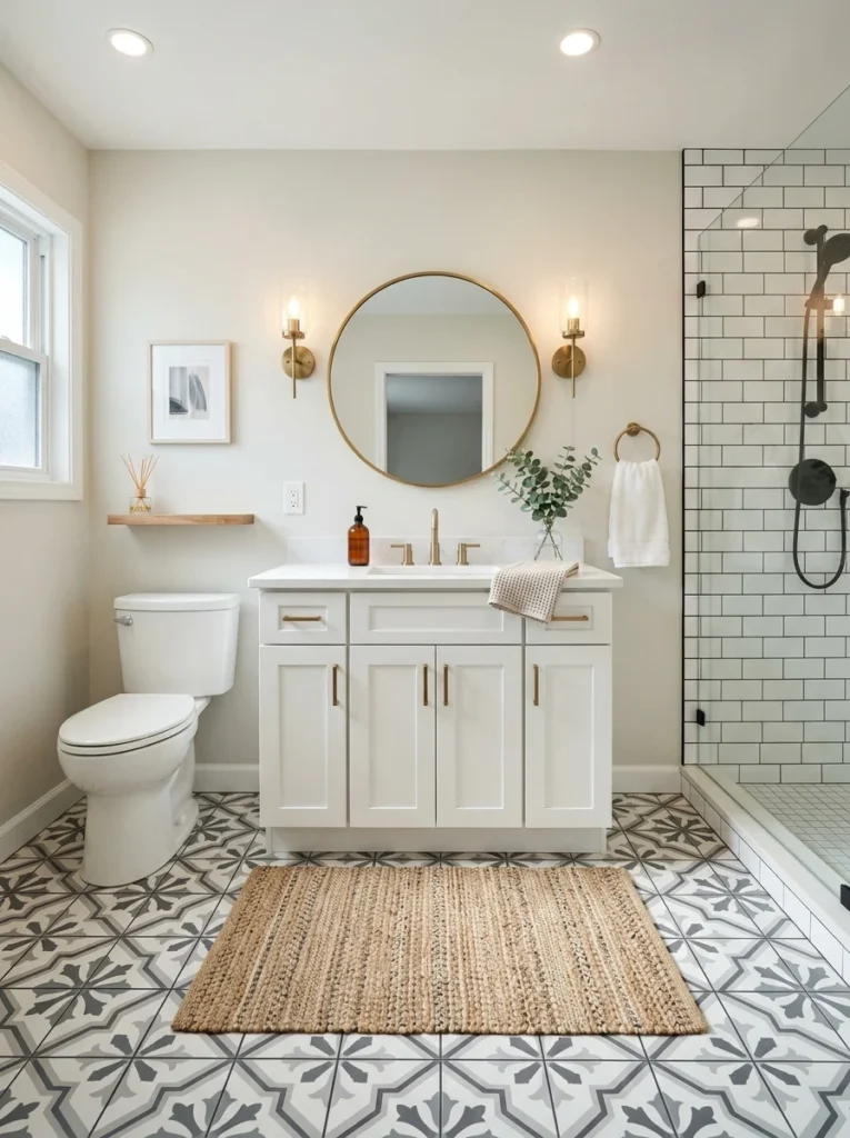Guest bathroom with updated peel-and-stick flooring and modern decor.