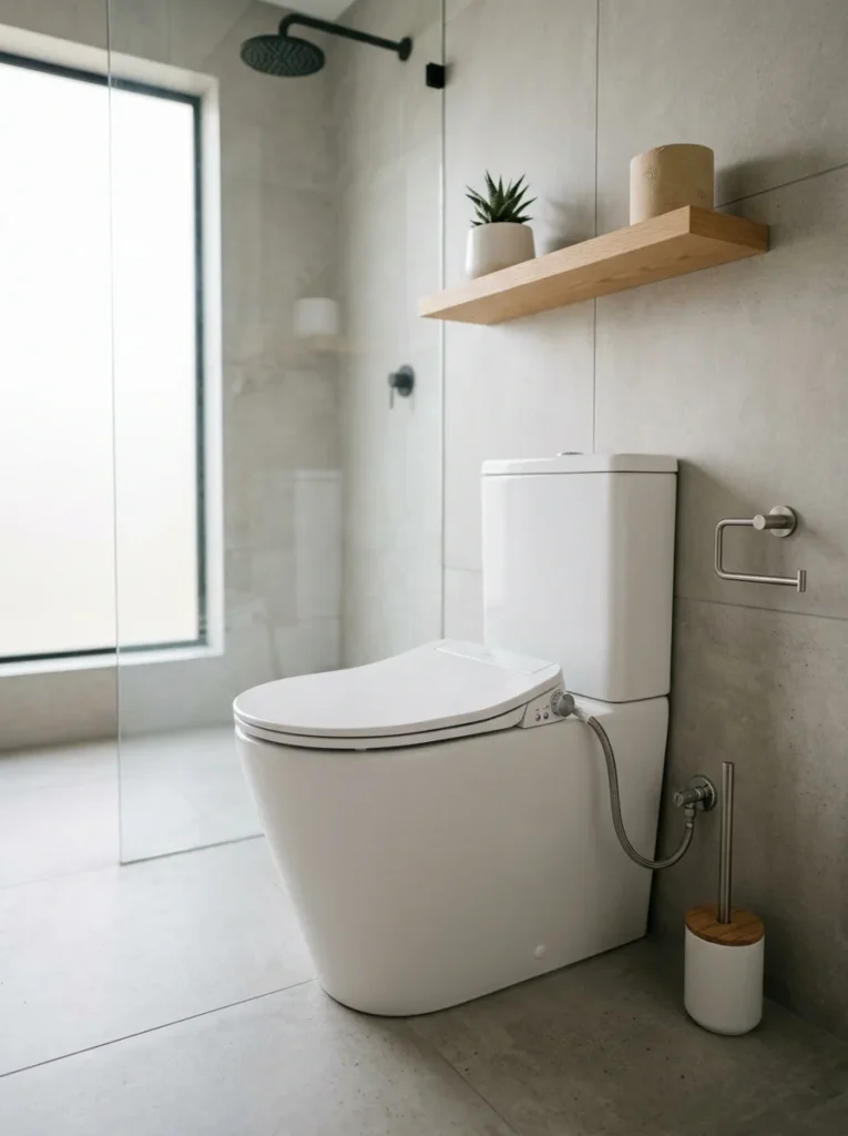 Toilet equipped with a bidet attachment for sustainable bathroom use.