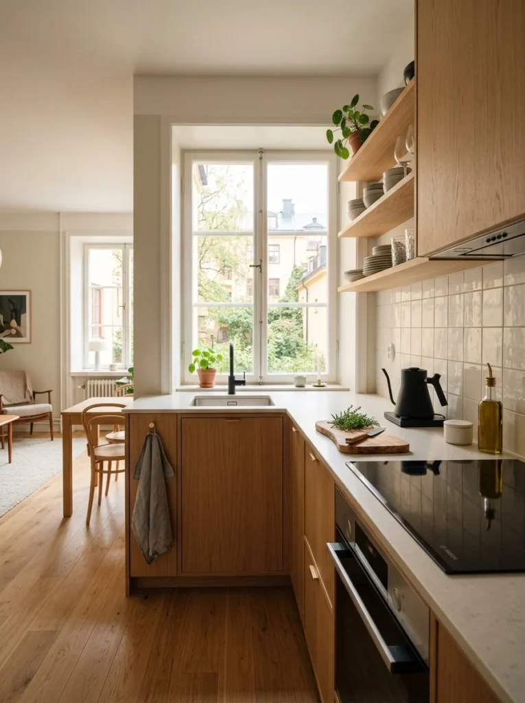Modern small kitchen transformed with a smart layout, organized storage, and bright welcoming design.
