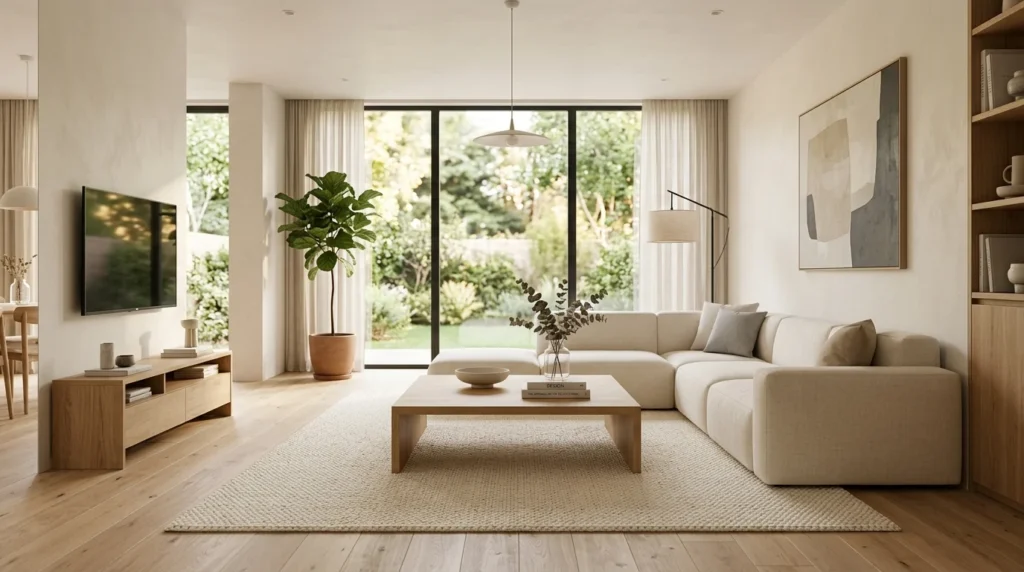 Low-profile wooden coffee table in a minimalist living room.