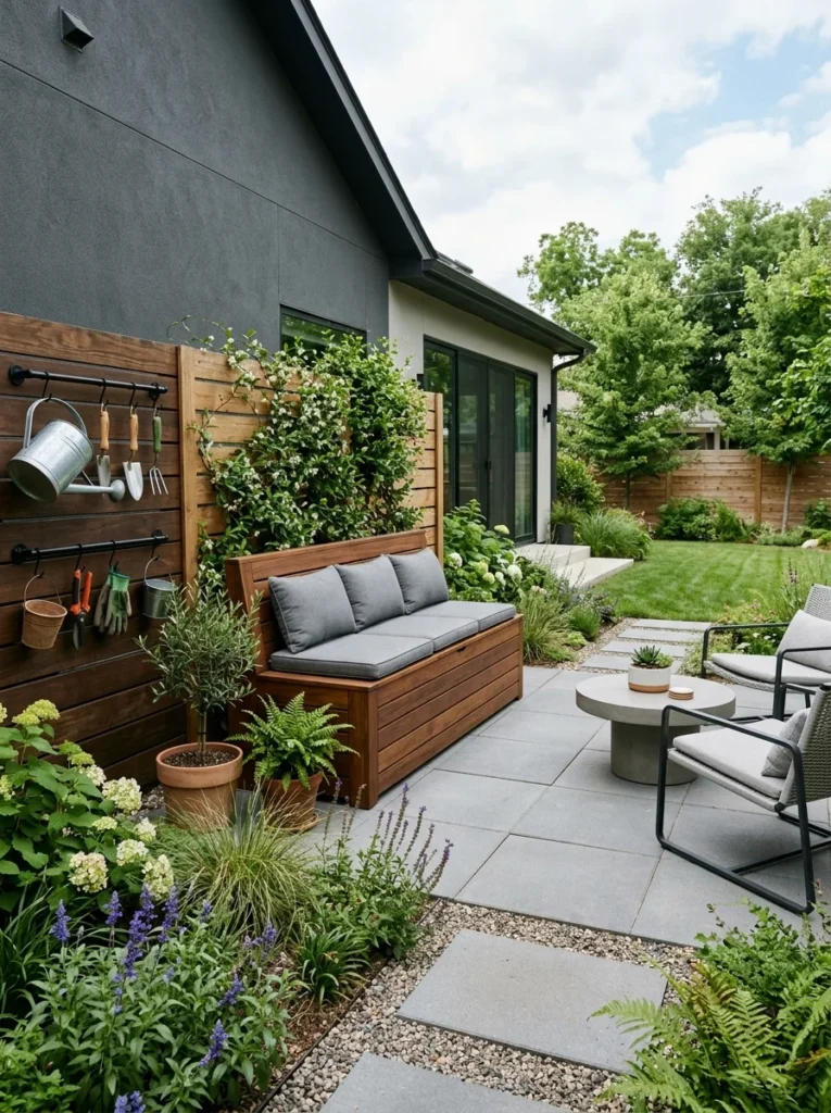 Outdoor storage bench providing hidden storage in a small patio.